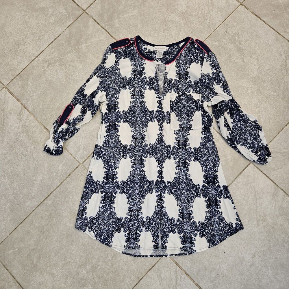 Soft Surroundings Button‎ Front Tunic Top Womens Blue White